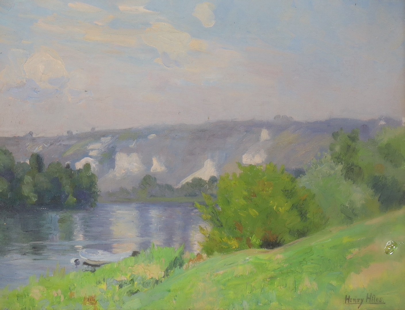 Henry Hiles (1857-1948), oil on canvas, River landscape, signed, 26 x 34cm